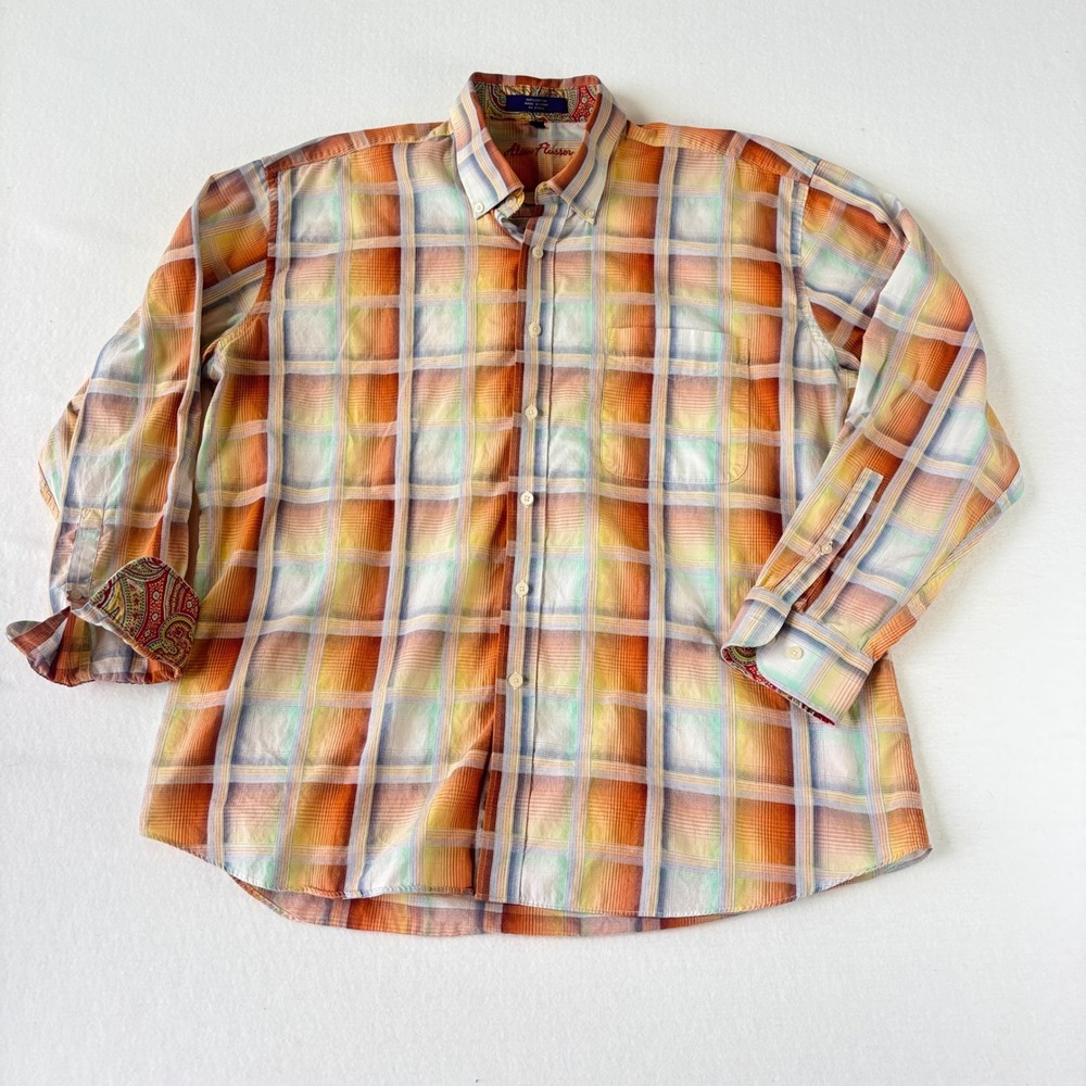 Alan Flusser Mens XL Orange Plaid Button Down Shirt Paisley Trim Cotton Long Slv